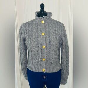 J.Crew Gray Cable Knit Ruffleneck Cardigansn Sweater, Size L NEW!!